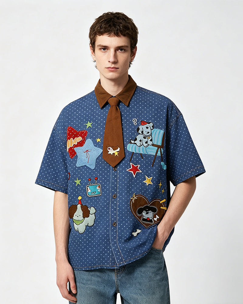 Cartoon Embroidered Short-Sleeve Shirt