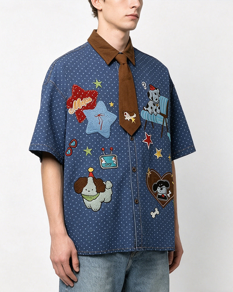 Cartoon Embroidered Short-Sleeve Shirt