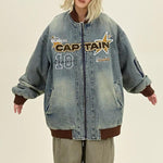 Retro distressed embroidered denim baseball jersey