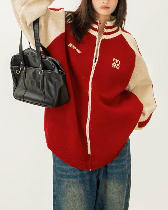 復古拼色刺綉立領針織外套