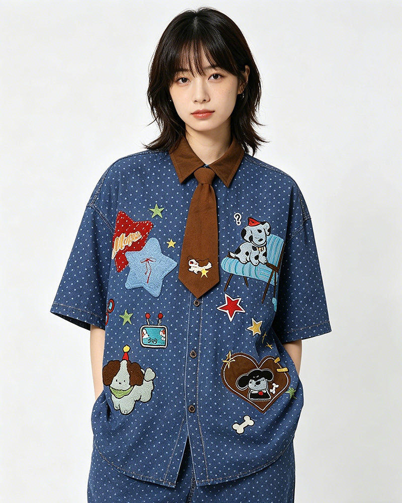 Cartoon Embroidered Short-Sleeve Shirt