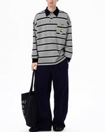 Contrast stripe embroidered polo long sleeves