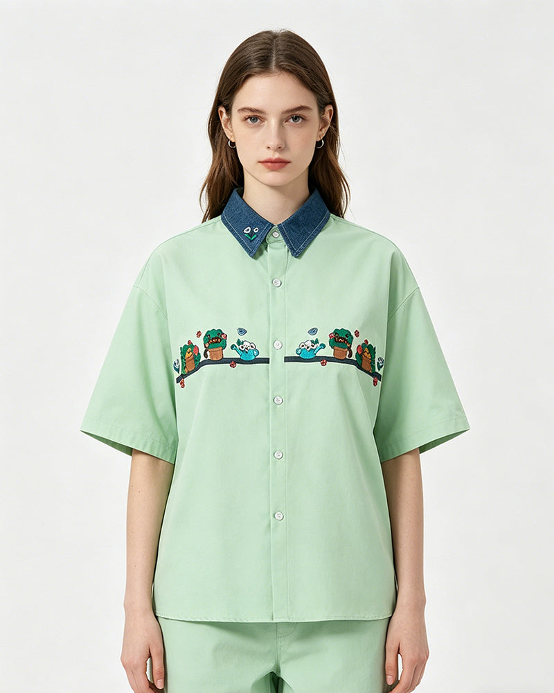 Contrast color stitching cute short sleeve shirt