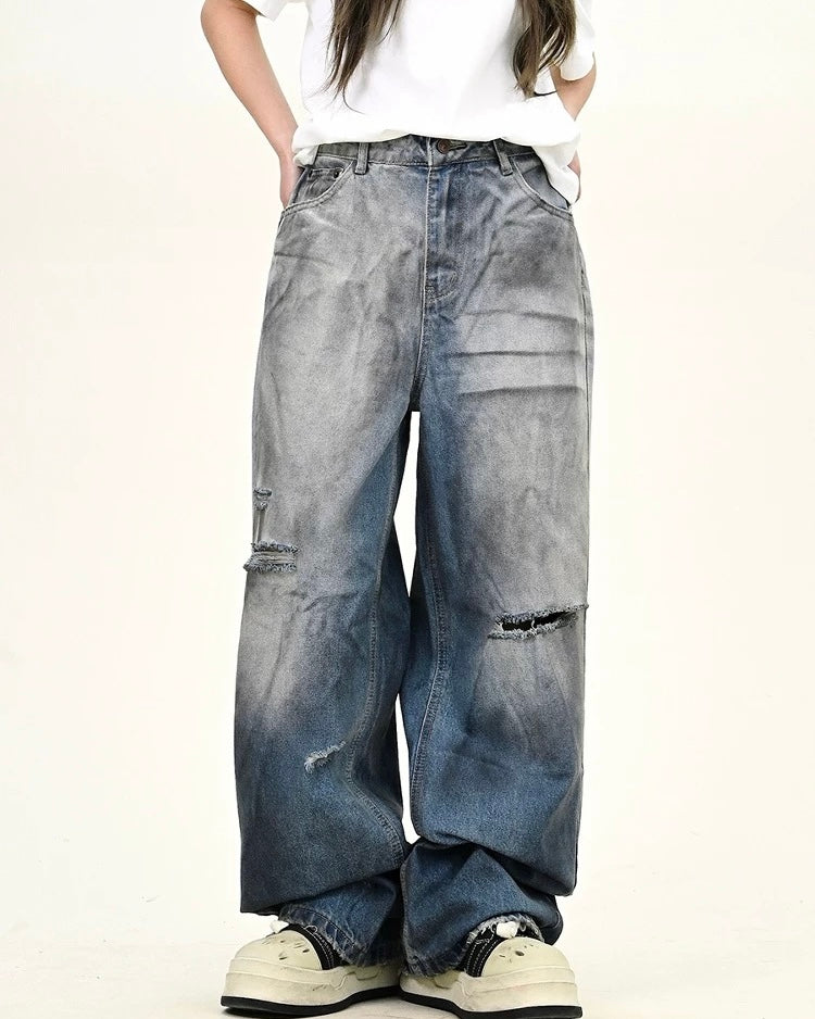 水洗破洞直筒牛仔褲