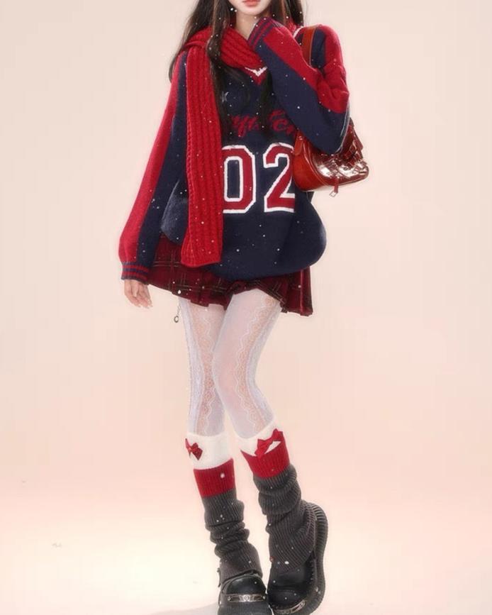 復古撞色長袖針織衫