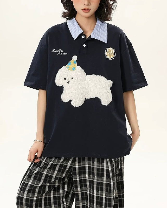 레트로 콘트라스트 패치 플러시 반팔