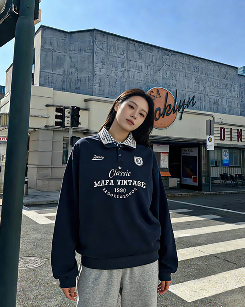 레트로 스타일의 칼라가 있는 인조 가죽 투피스 스웨트셔츠