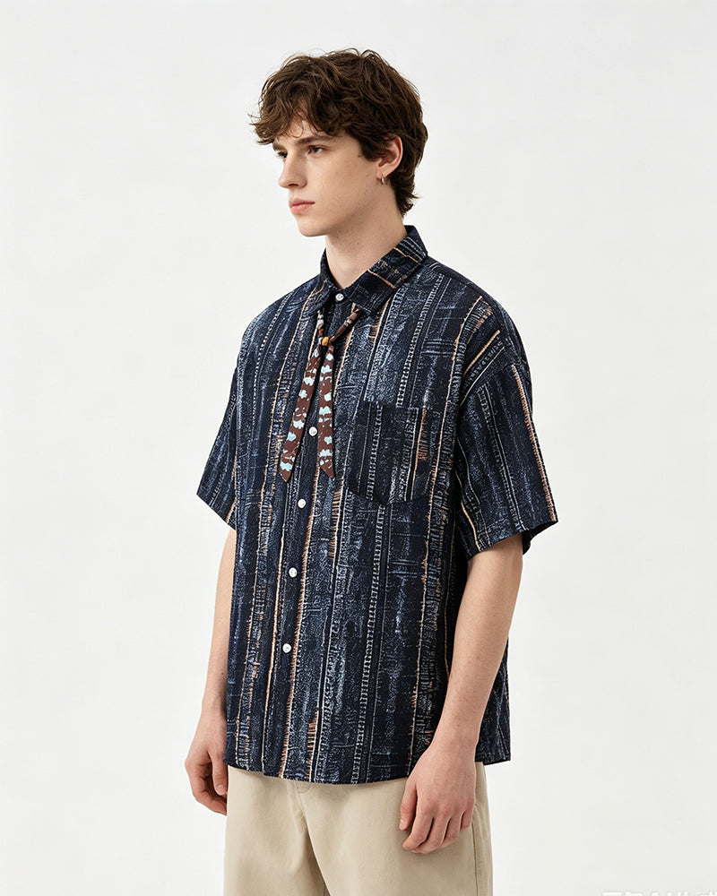 復古條紋短袖襯衫