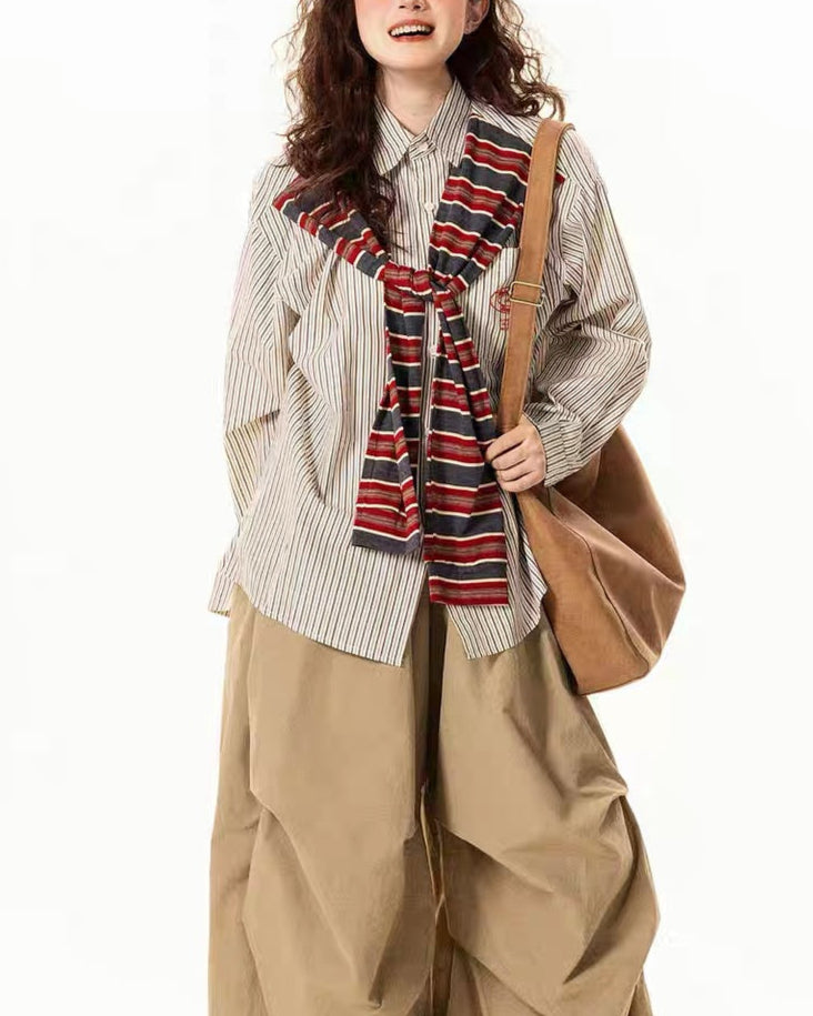 Fake two-piece cape striped long-sleeved shirt