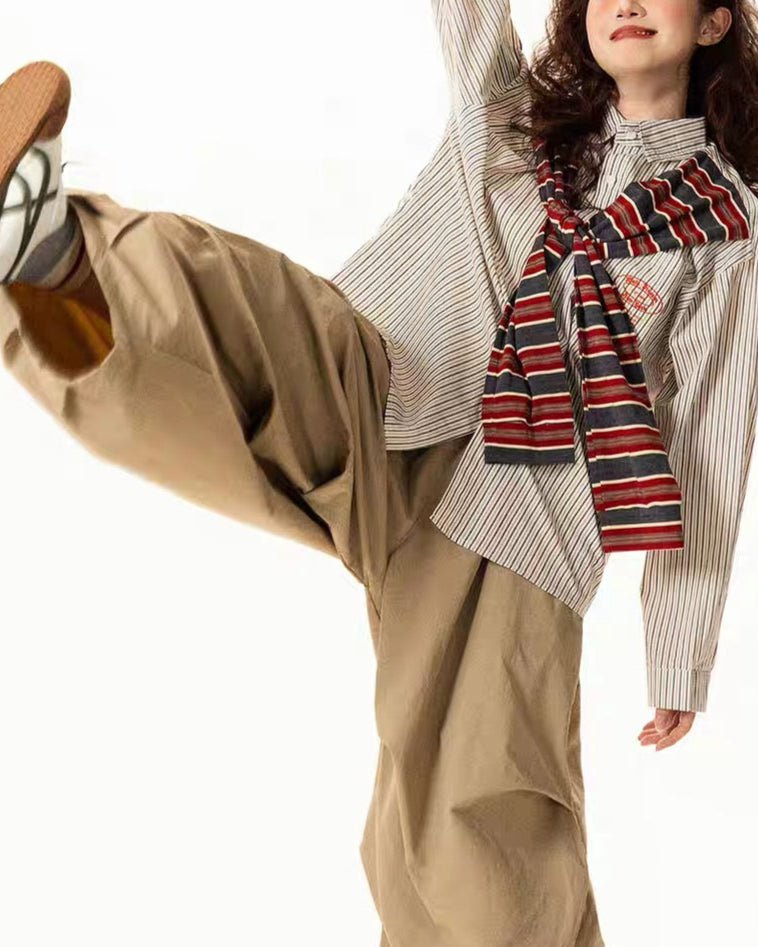 Fake two-piece cape striped long-sleeved shirt