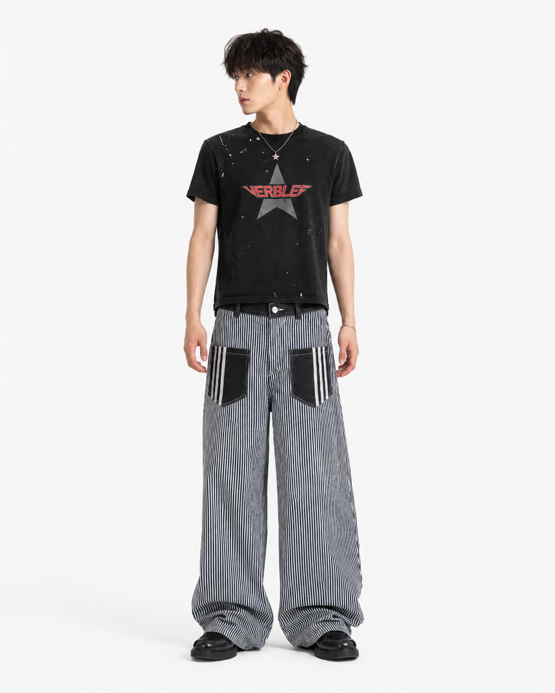 豎條紋百搭直筒長褲