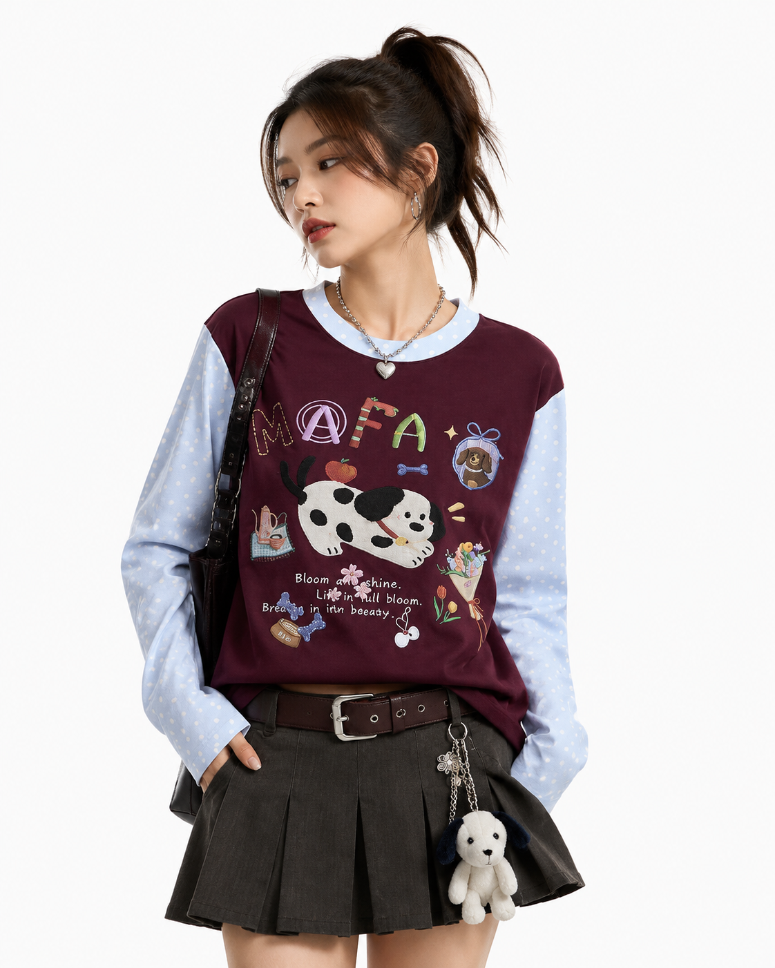 컬러 블록 강아지 긴팔 셔츠