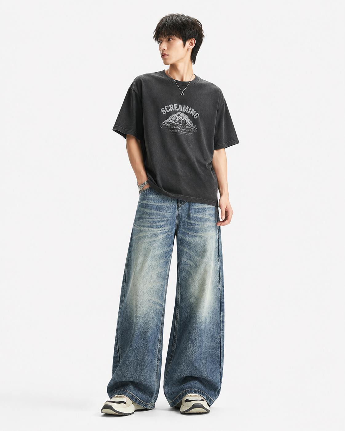 グラデーション加工のダメージ加工ワイドレッグパンツ