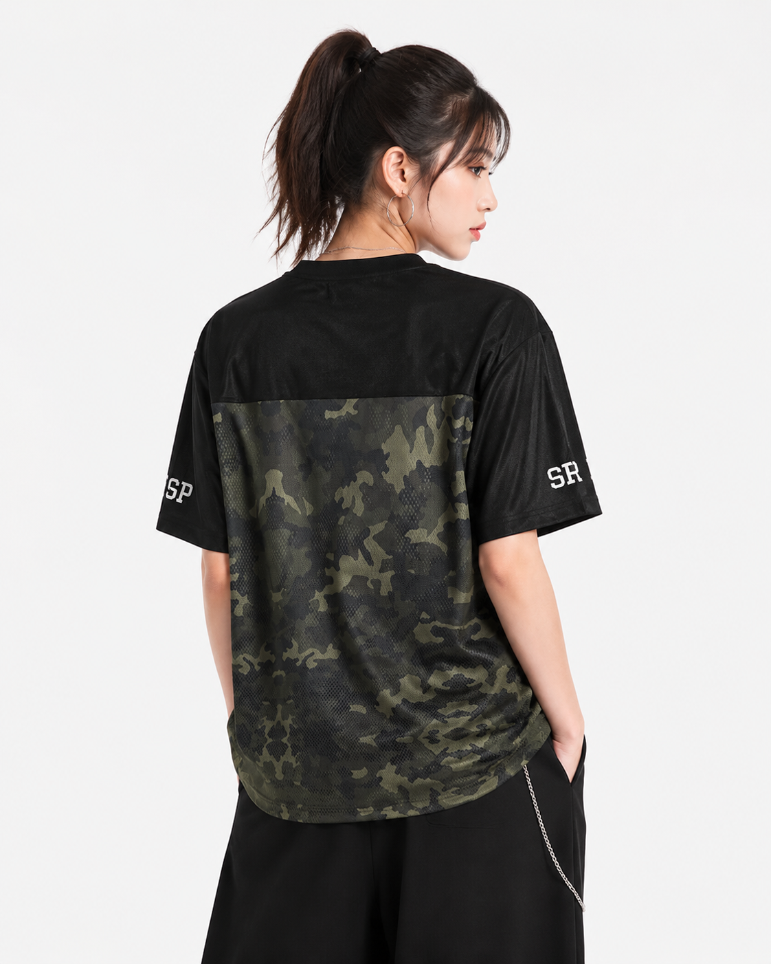 迷彩柄パッチワークの半袖シャツ