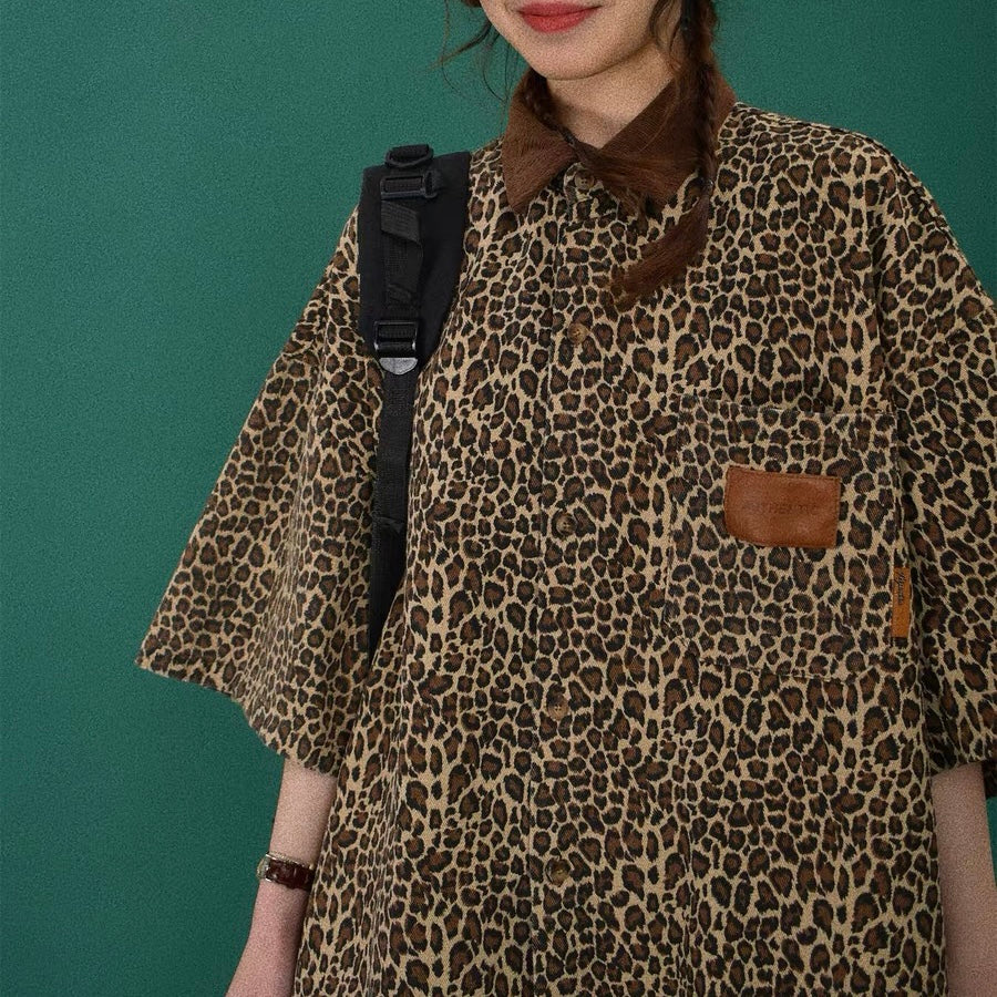 American retro leopard print short-sleeved shirt