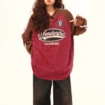 Retro distressed contrast color stitching long sleeves