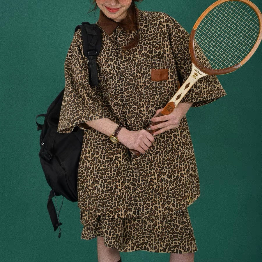 American retro leopard print short-sleeved shirt