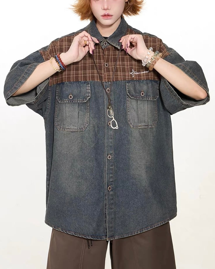 Washed panel denim shirt