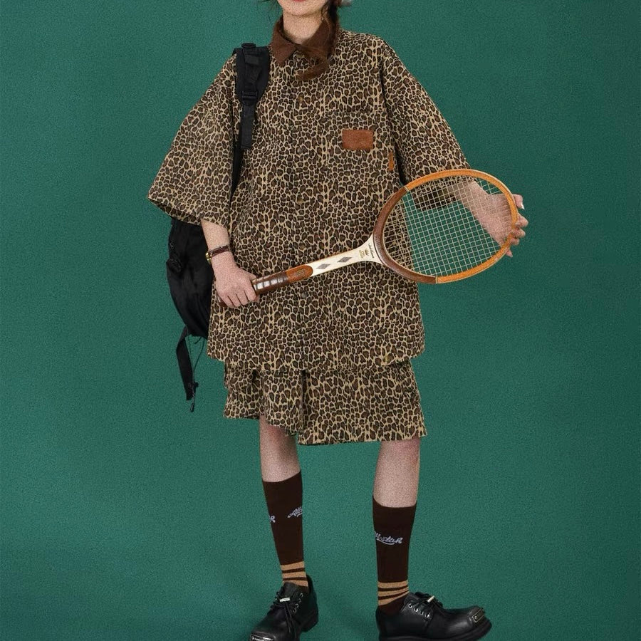 American retro leopard print short-sleeved shirt