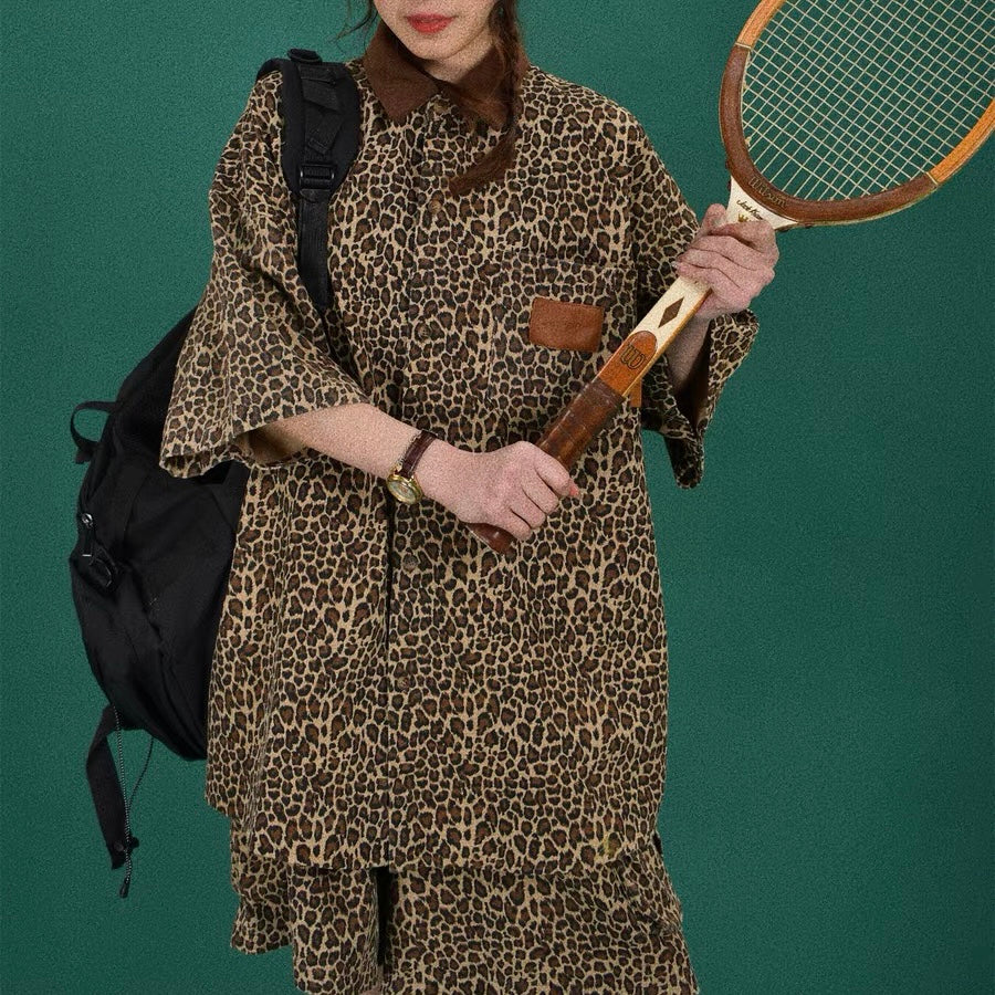 American retro leopard print short-sleeved shirt