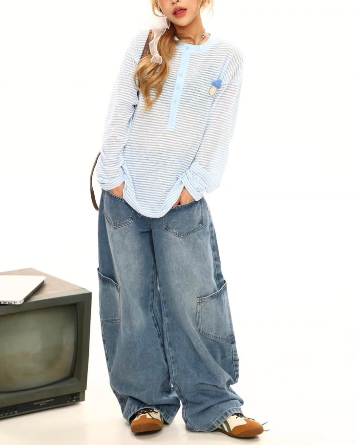 復古水洗牛仔長褲