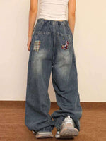 復古卡通刺綉水洗牛仔長褲