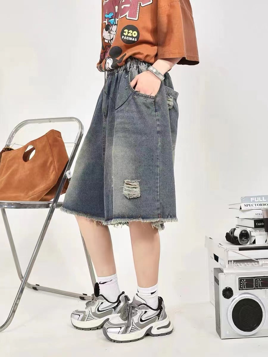 American retro ripped star denim pants