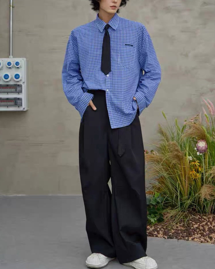 Embroidered plaid long-sleeved shirt