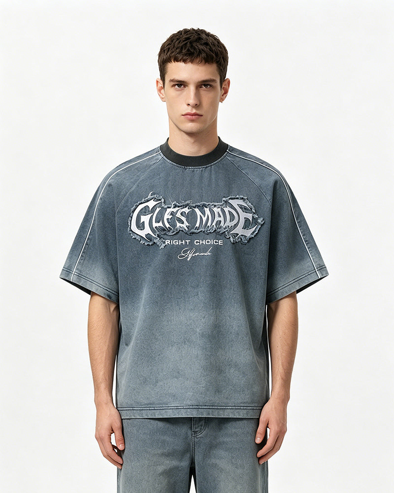 Retro washed denim short-sleeved shirt