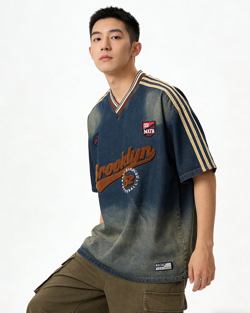 워시드 자수 데님 반팔