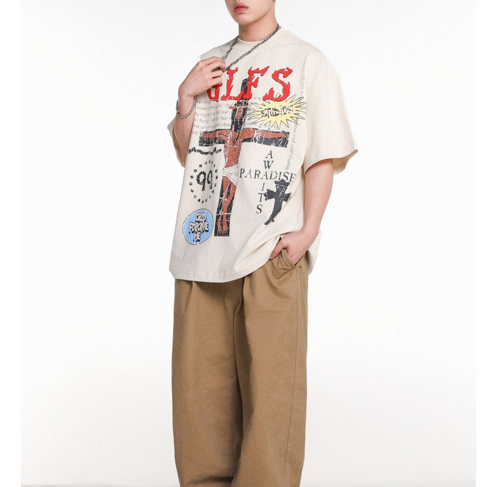 American retro cross print short sleeves