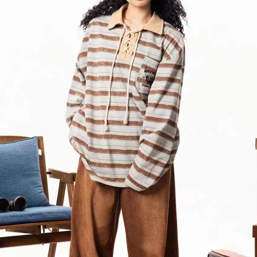 復古條紋情侶撞色polo衫