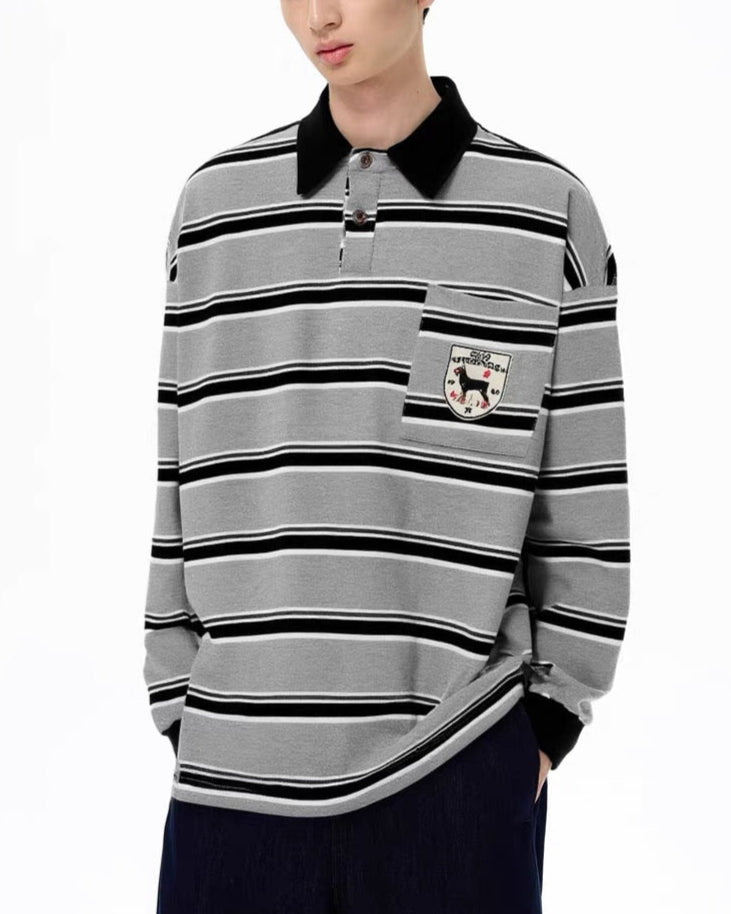 Contrast stripe embroidered polo long sleeves