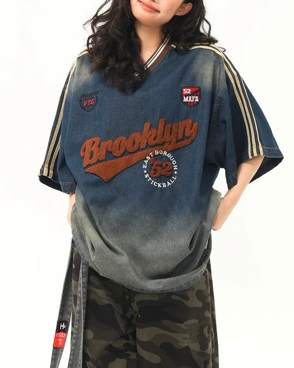 水洗刺綉牛仔短袖