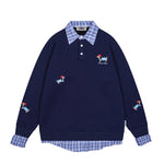 Spliced plaid fake two-piece polo sweatshirt