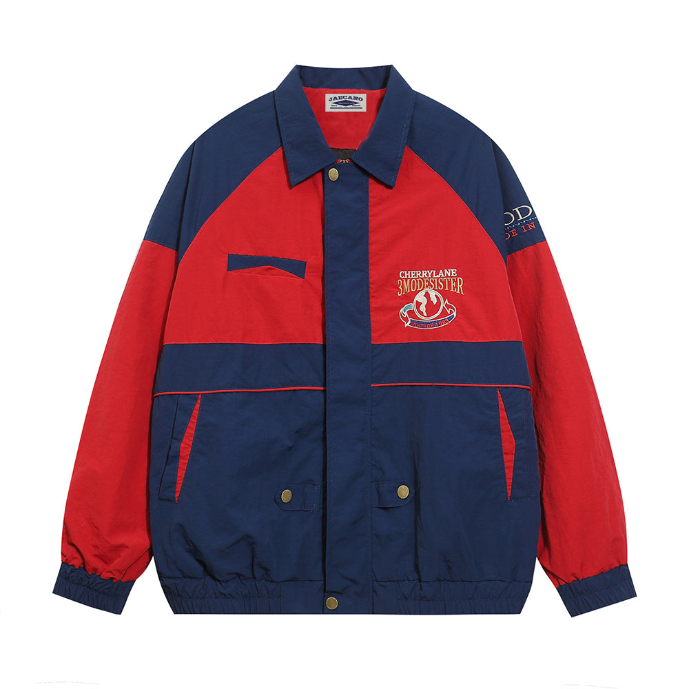 Retro contrasting color patchwork baseball jacket