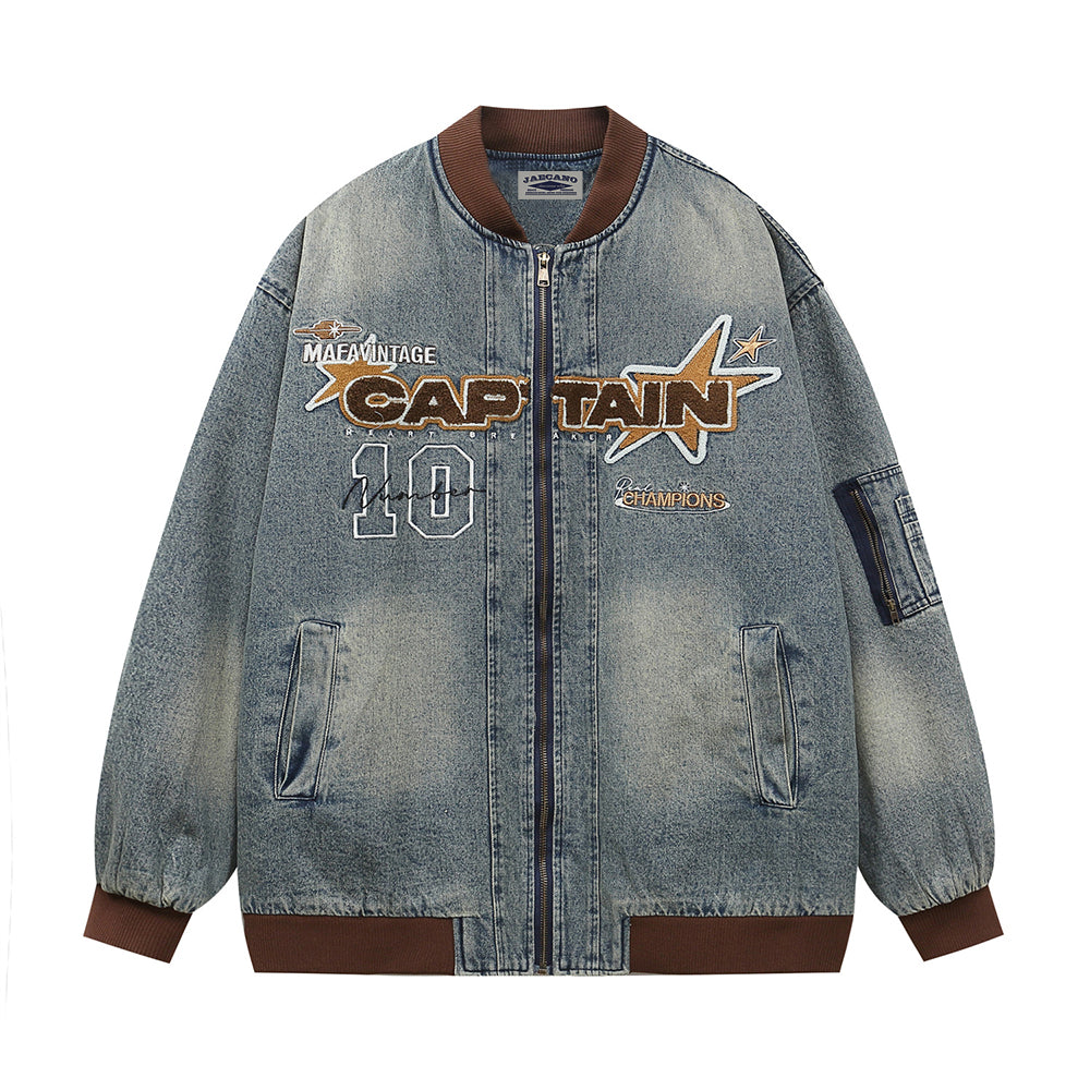 Retro distressed embroidered denim baseball jersey