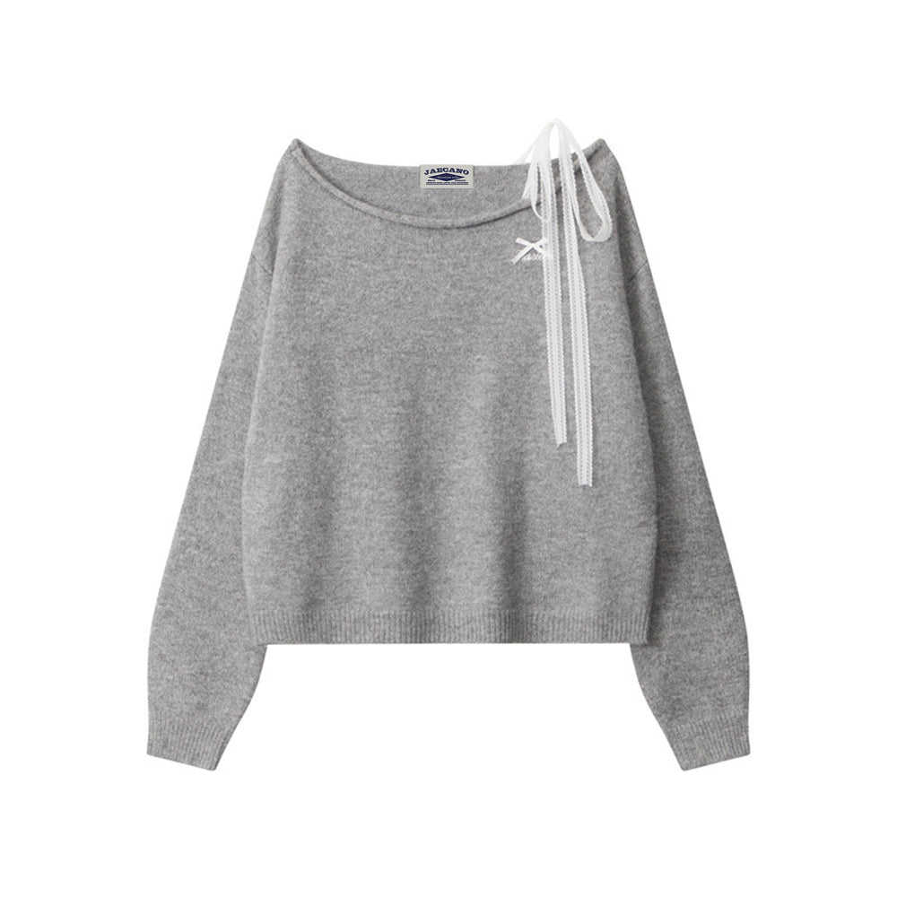 復古寬鬆一字領飄帶毛衣(女款)