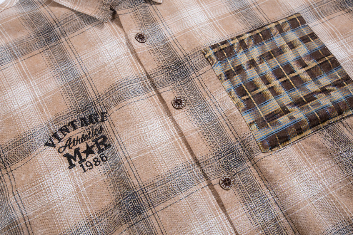 Retro colorblock plaid short-sleeved shirt