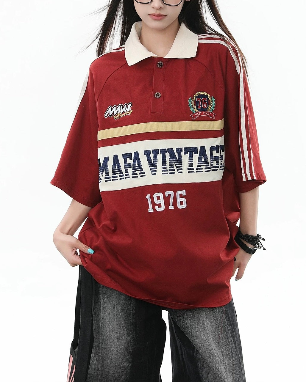 Contrast color lettering short sleeve shirt