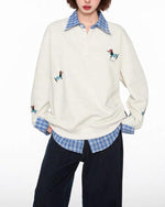 Spliced plaid fake two-piece polo sweatshirt