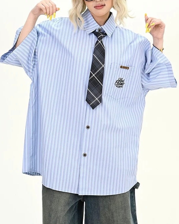 Vintage Striped Short Sleeve Shirt with Tie