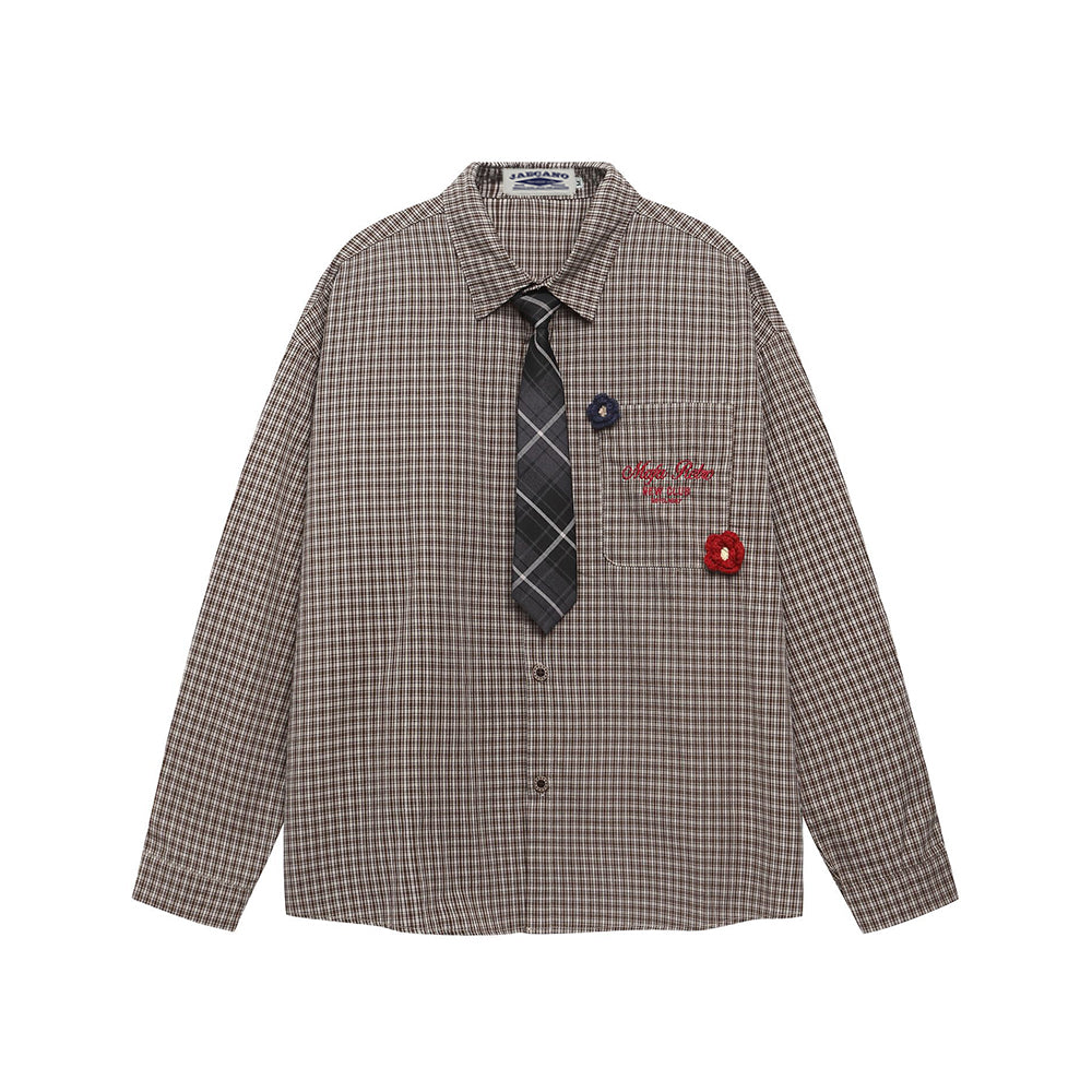 Embroidered plaid long-sleeved shirt