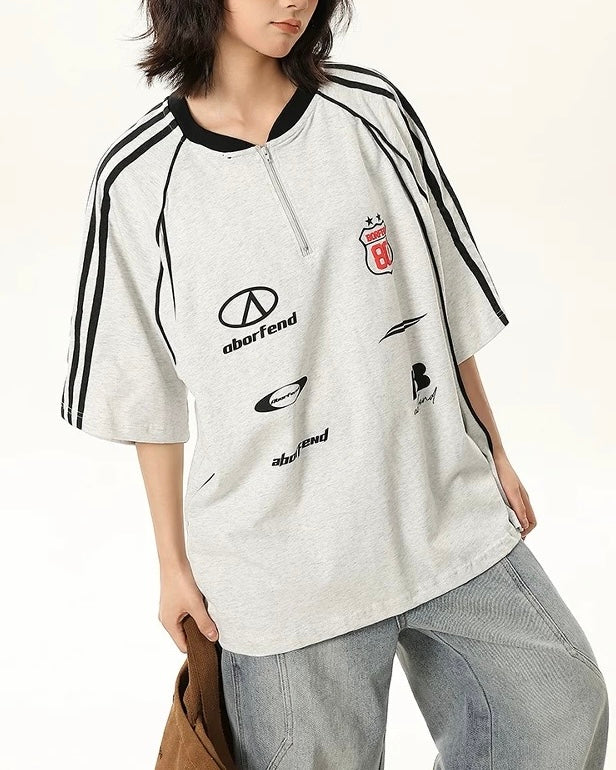 Lettering print half-zip short sleeves