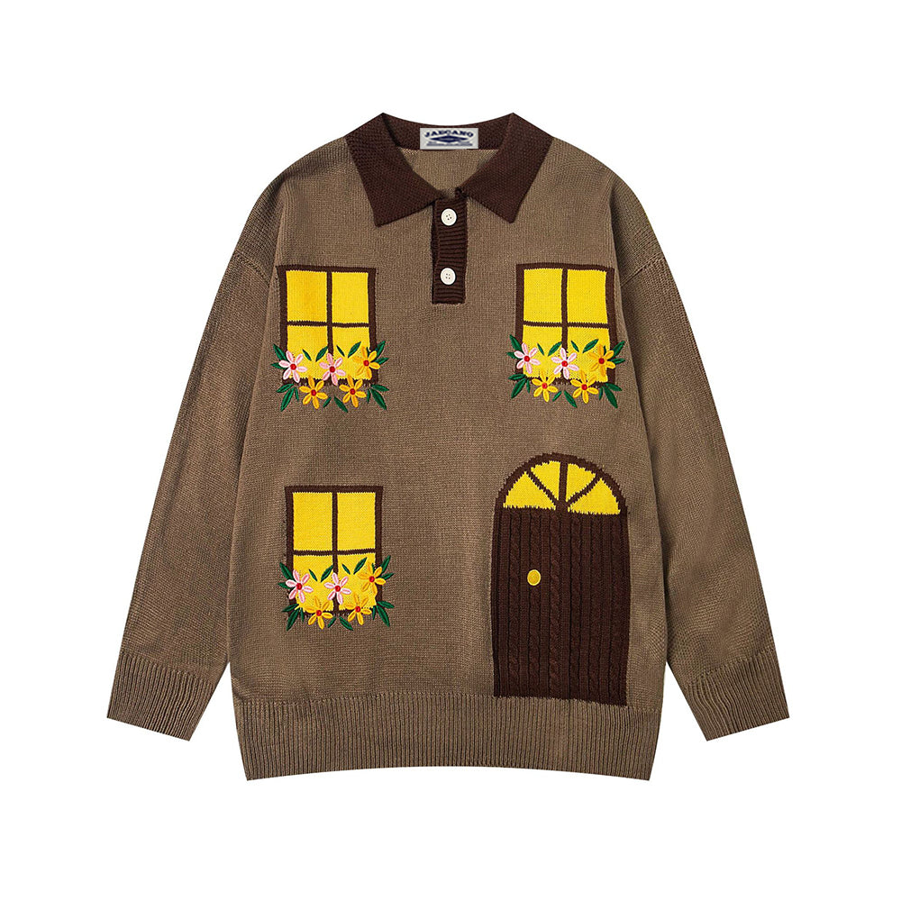 컬러블록 꽃 자수 스웨터