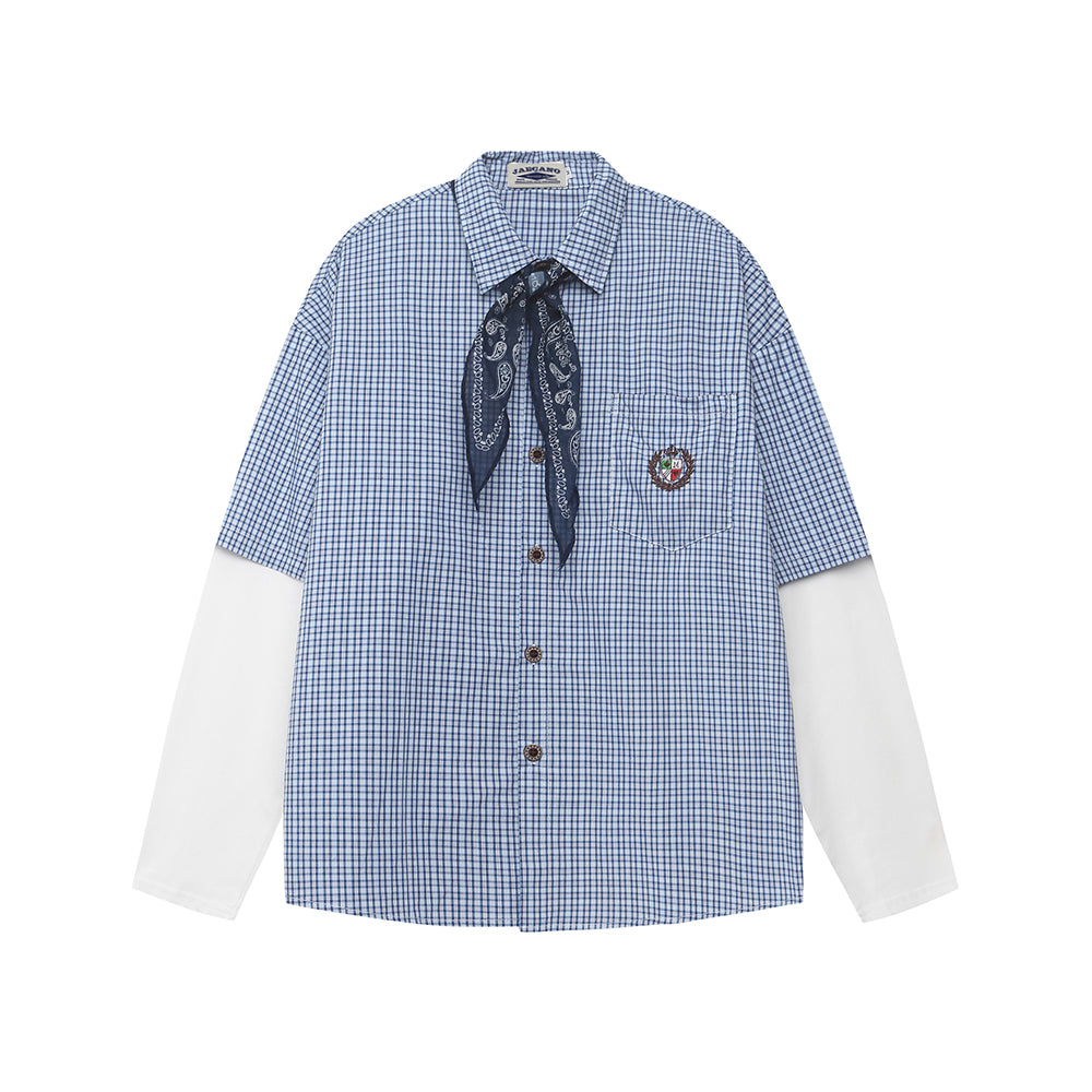 Patchwork scarf fake two-piece long-sleeved shirt