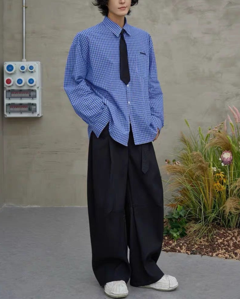 Embroidered plaid long-sleeved shirt