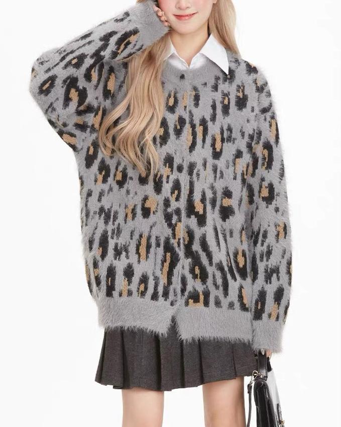 復古豹紋開衫毛衣