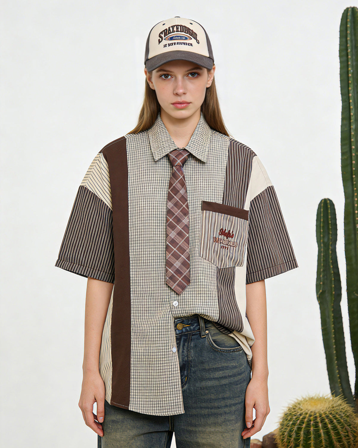 復古拼色短袖襯衫