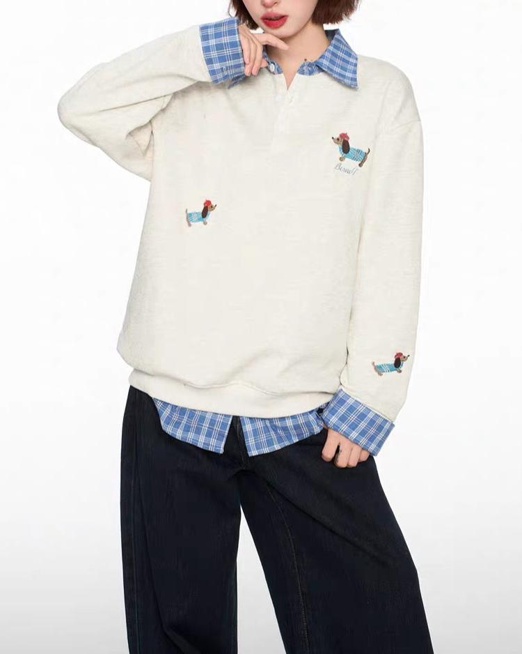 Spliced plaid fake two-piece polo sweatshirt